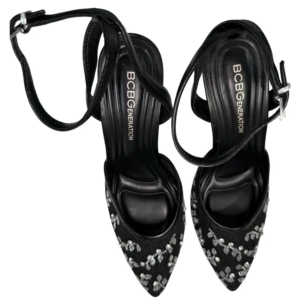 BCBGeneration Barlo Black Rhinestone Pointed Toe Ankle Strap Pumps‎ Heels